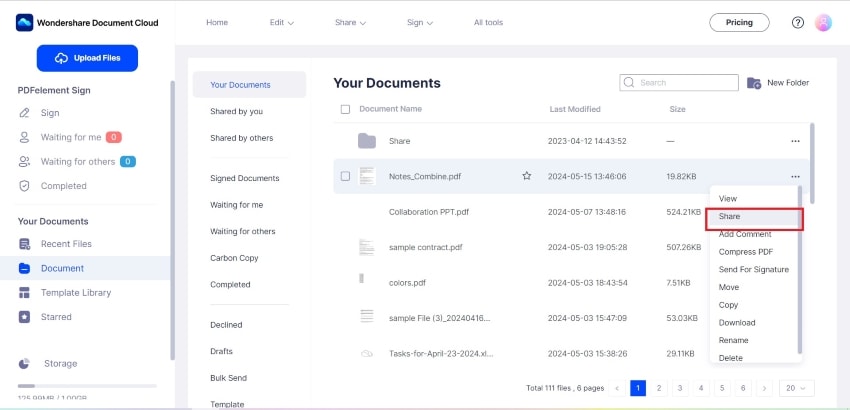 opzione di condivisione PDF in Document Cloud