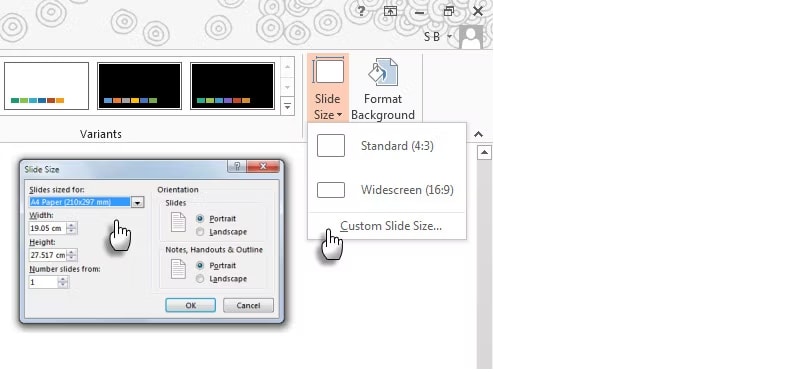 click on the custom slide size