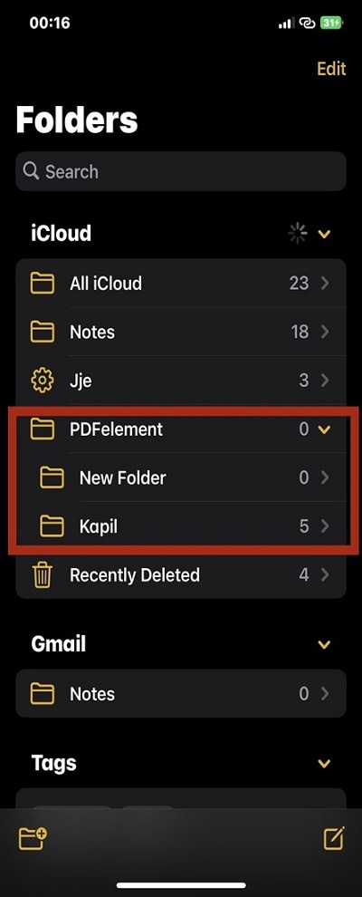 create subfolder in iphone notes app