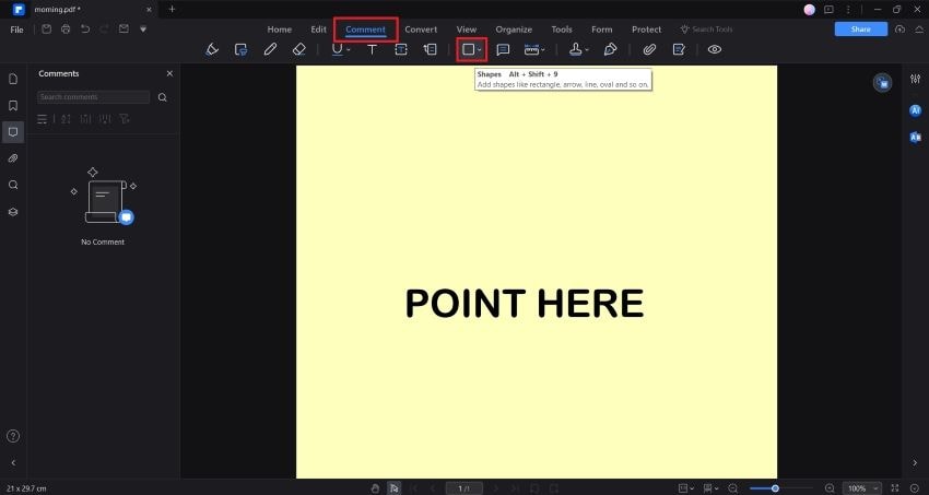 shapes option in comment tab of pdfelement
