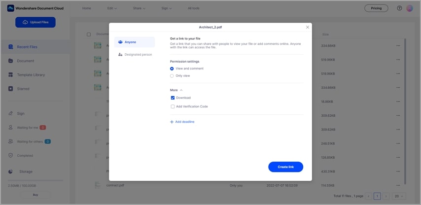 cómo enviar archivos PDF grandes configuración de wondershare cloud