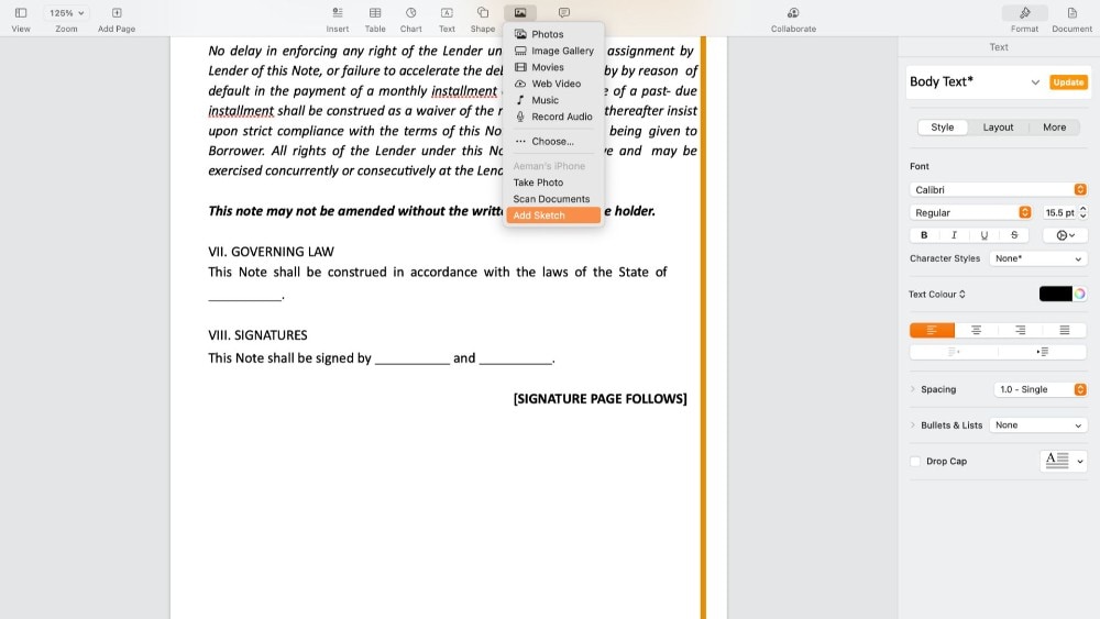 using iphone to create signature in pages on mac