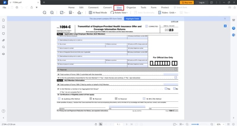 viewing form 1094 c using pdfelement