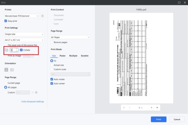 activating collated printing option on pdfelement