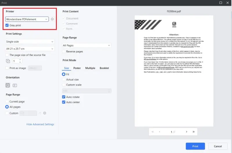 selecting the printer to use