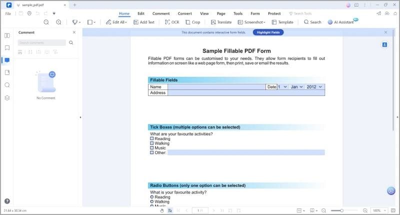 interactive pdf form opened with pdfelement