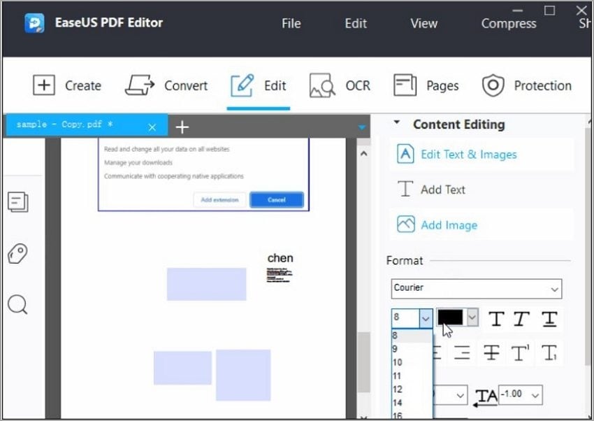 changing font size using easeus editor
