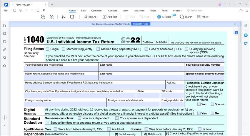fill irs form 1040 to mail