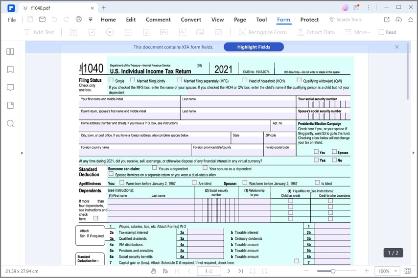 fill out 1040 tax form