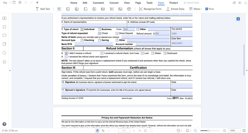 fill out form 3911