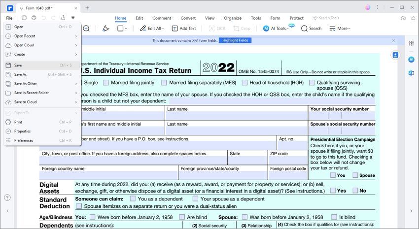 save and mail irs form 1040