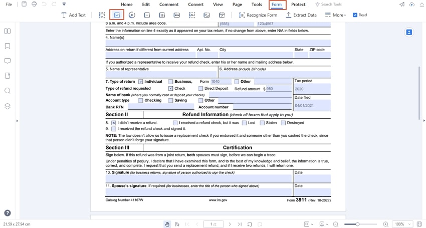 fillable 3911 form