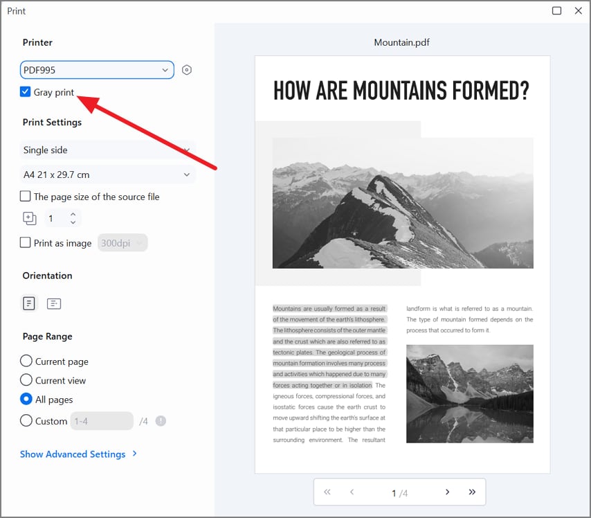 Enable Gray Print in the PDFelement print dialog