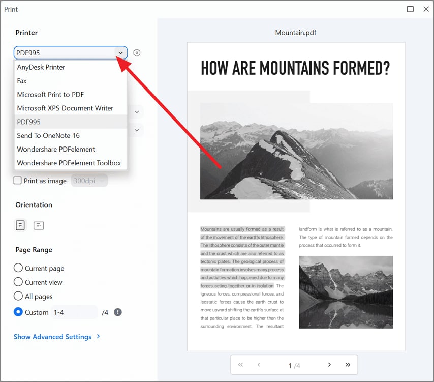 Select Wondershare PDFelement as the printer for grayscale PDF output