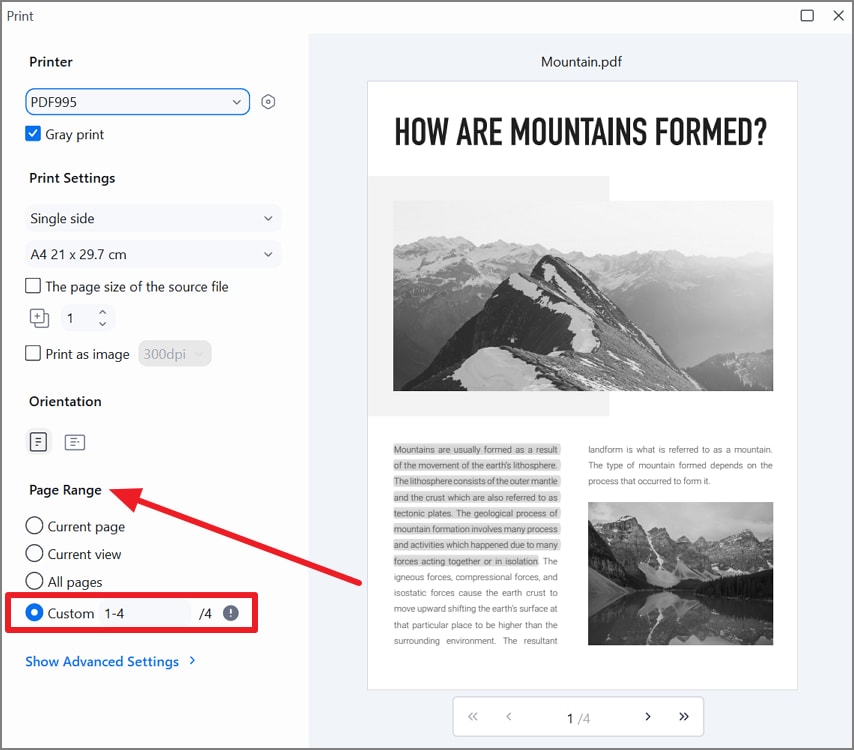 Set a custom page range for grayscale PDF printing