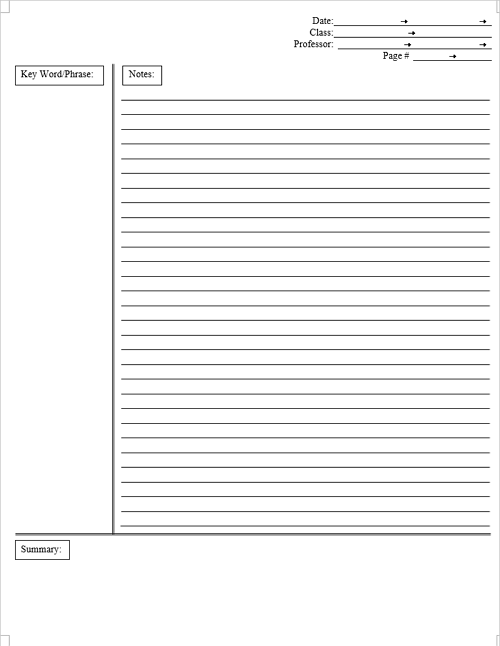cornell note template word
