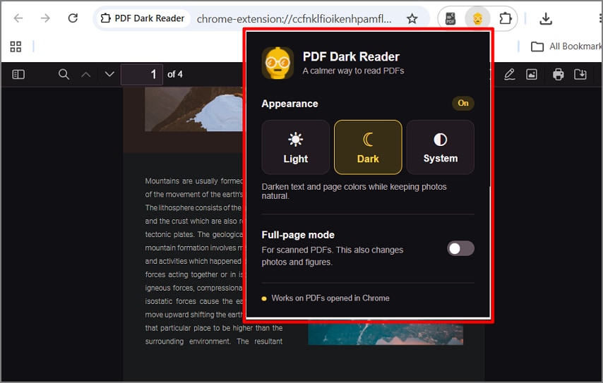 Choose PDF visibility modes with PDF Dark Reader
