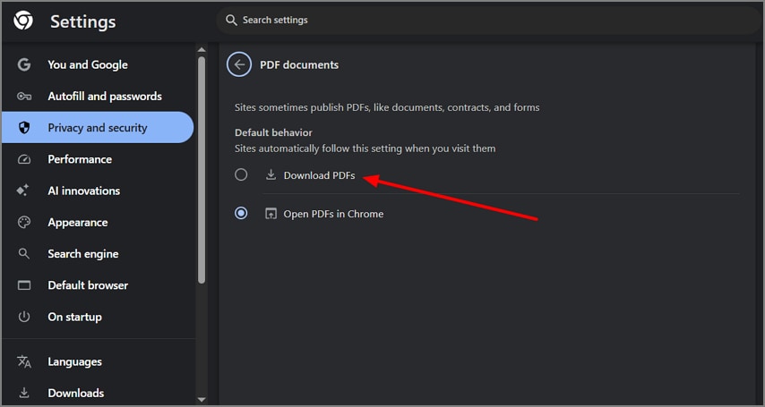 Access Chrome settings to download PDF documents