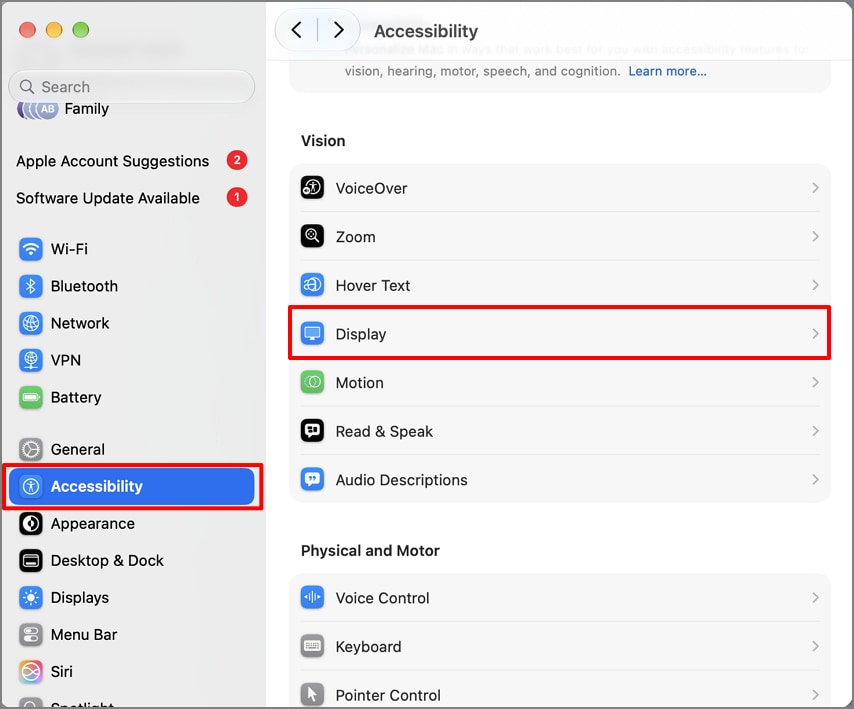 Open the Display settings under macOS Accessibility