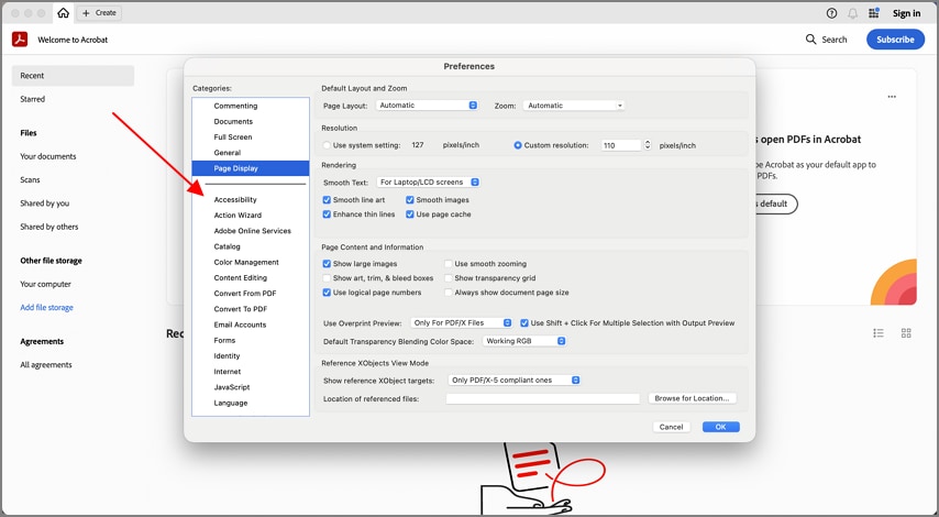 Open Accessibility preferences in Adobe Acrobat Reader