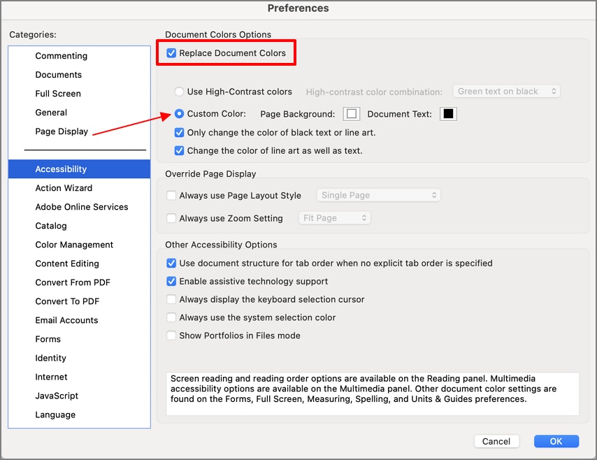 Set custom black page background and white document text in Acrobat Reader