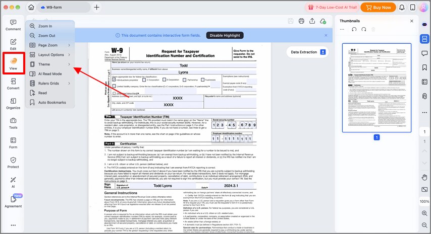 Open the View panel and locate the page background options in PDFelement