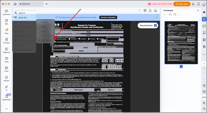 Choose Dark Reading from the Theme menu in PDFelement