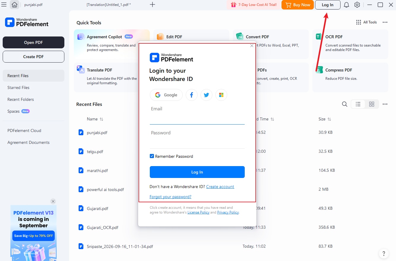 logging in to pdfelement app