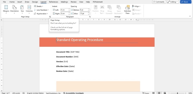word document layout settings