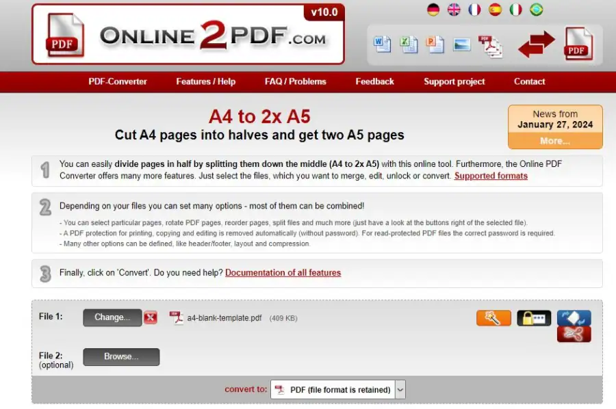 online2pdf user interface