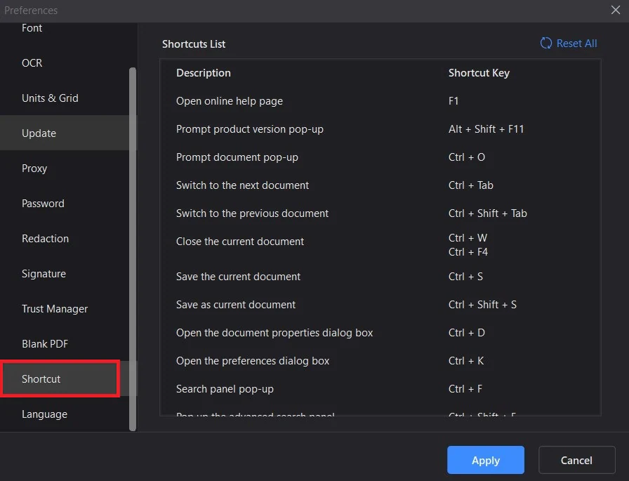 pdfelement shortcuts