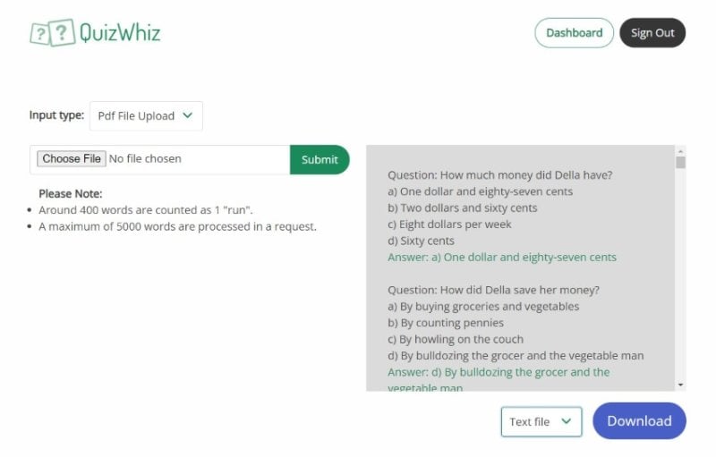 quizwhiz quiz generator from pdf