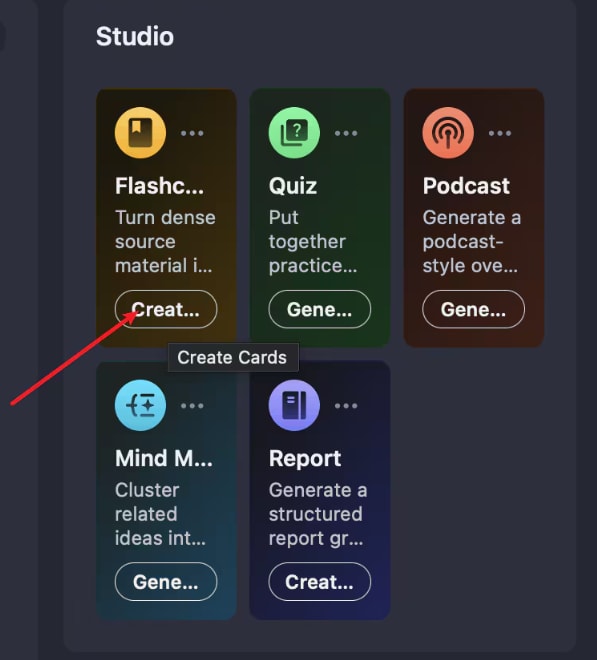 Flashcards, podcasts, reports, and mind maps
