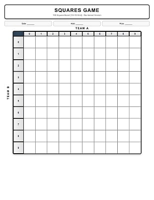 100 square Super Bowl squares board with numbers (version 1)