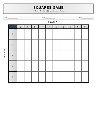 50 square Super Bowl squares board with numbers (version 1)