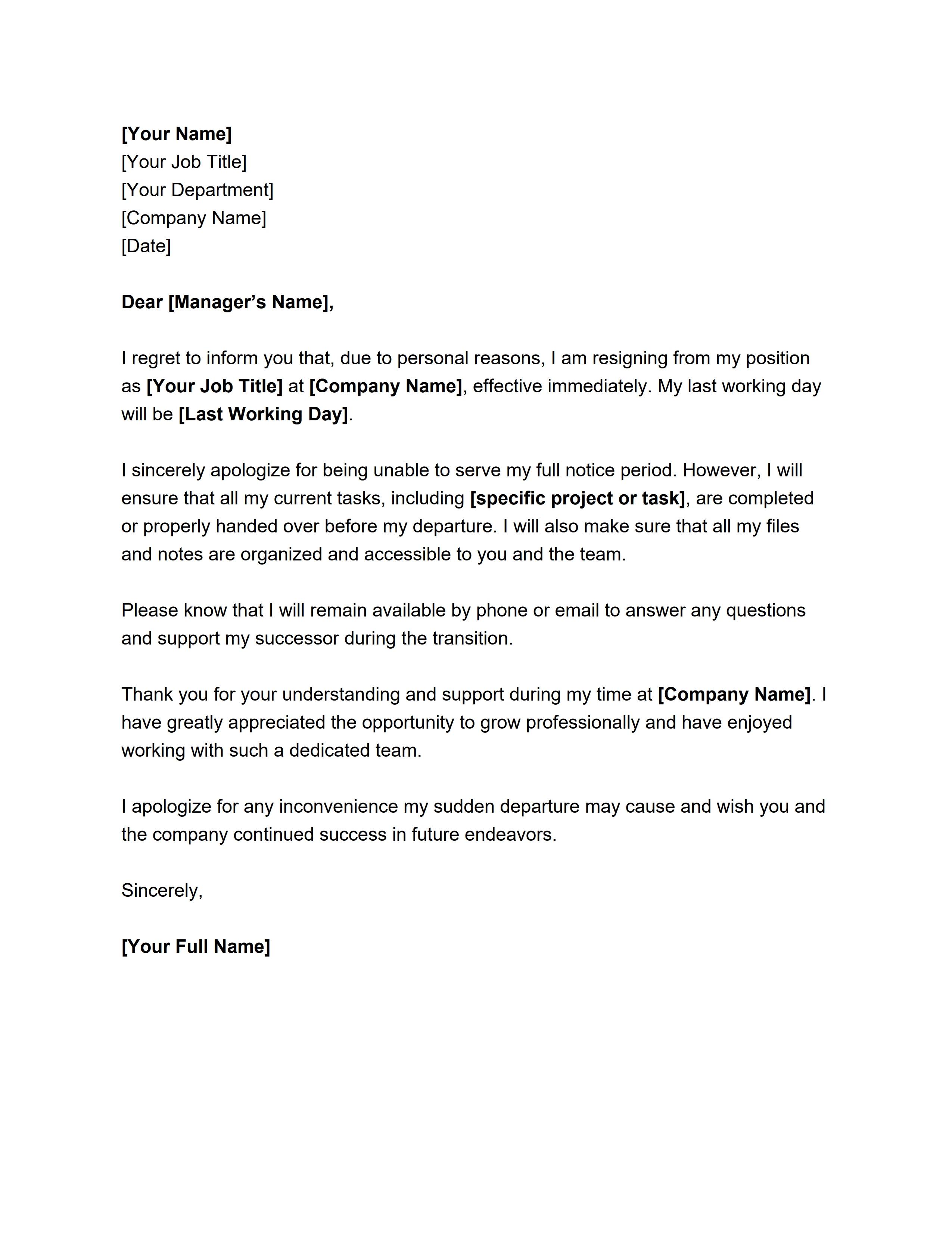 Immediate Resignation Letter Template