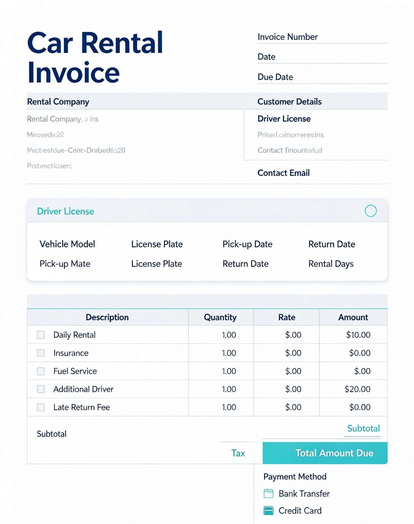Customize a printable Car Rental Invoice Template PDF