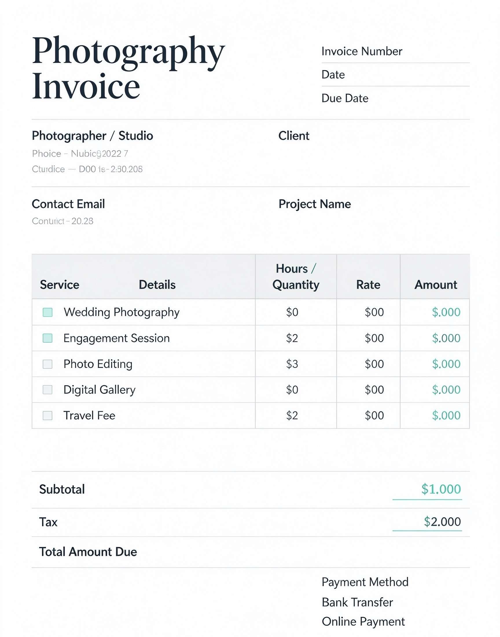 Customize a printable Photography Invoice Template PDF