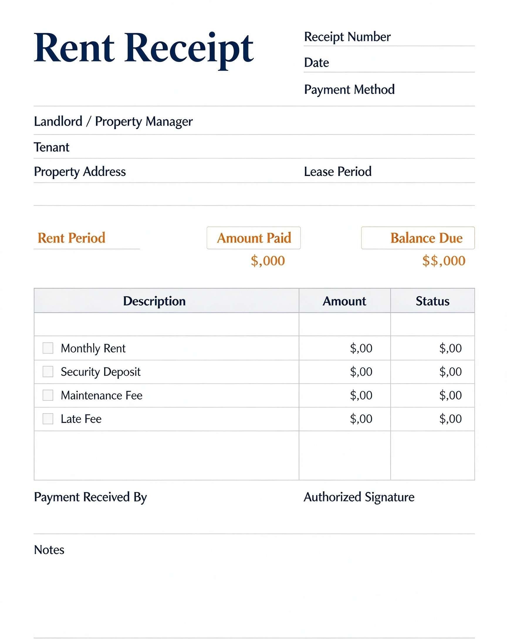 Customize a printable Rent Receipt Template PDF