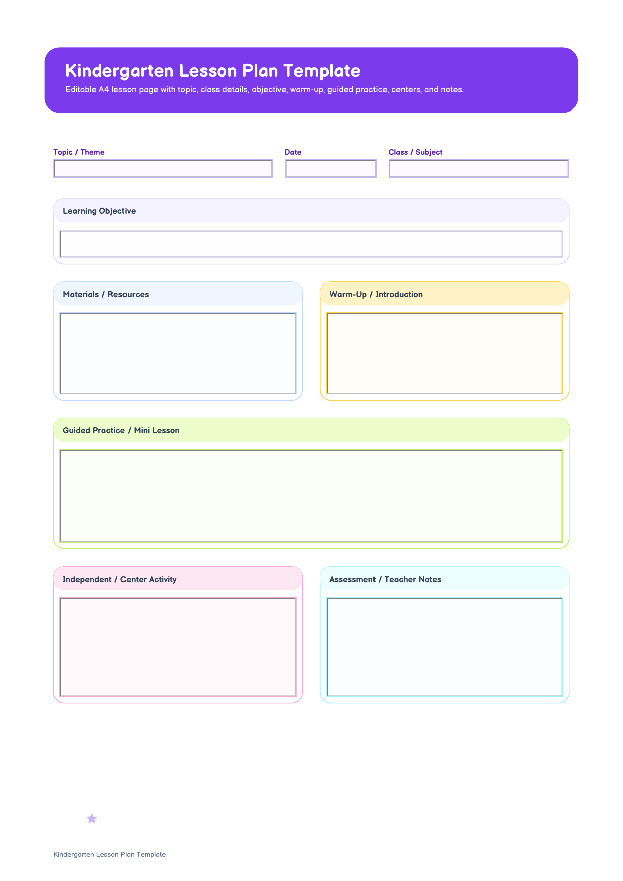 kindergarten lesson plan template