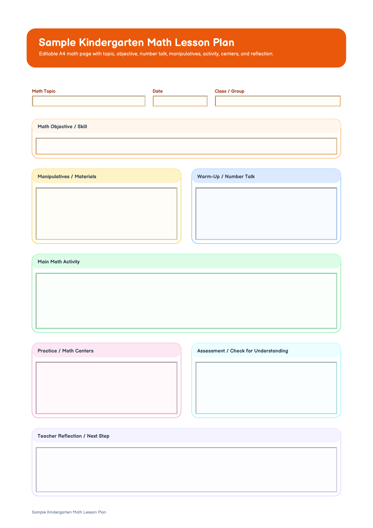 sample kindergarten math lesson plan