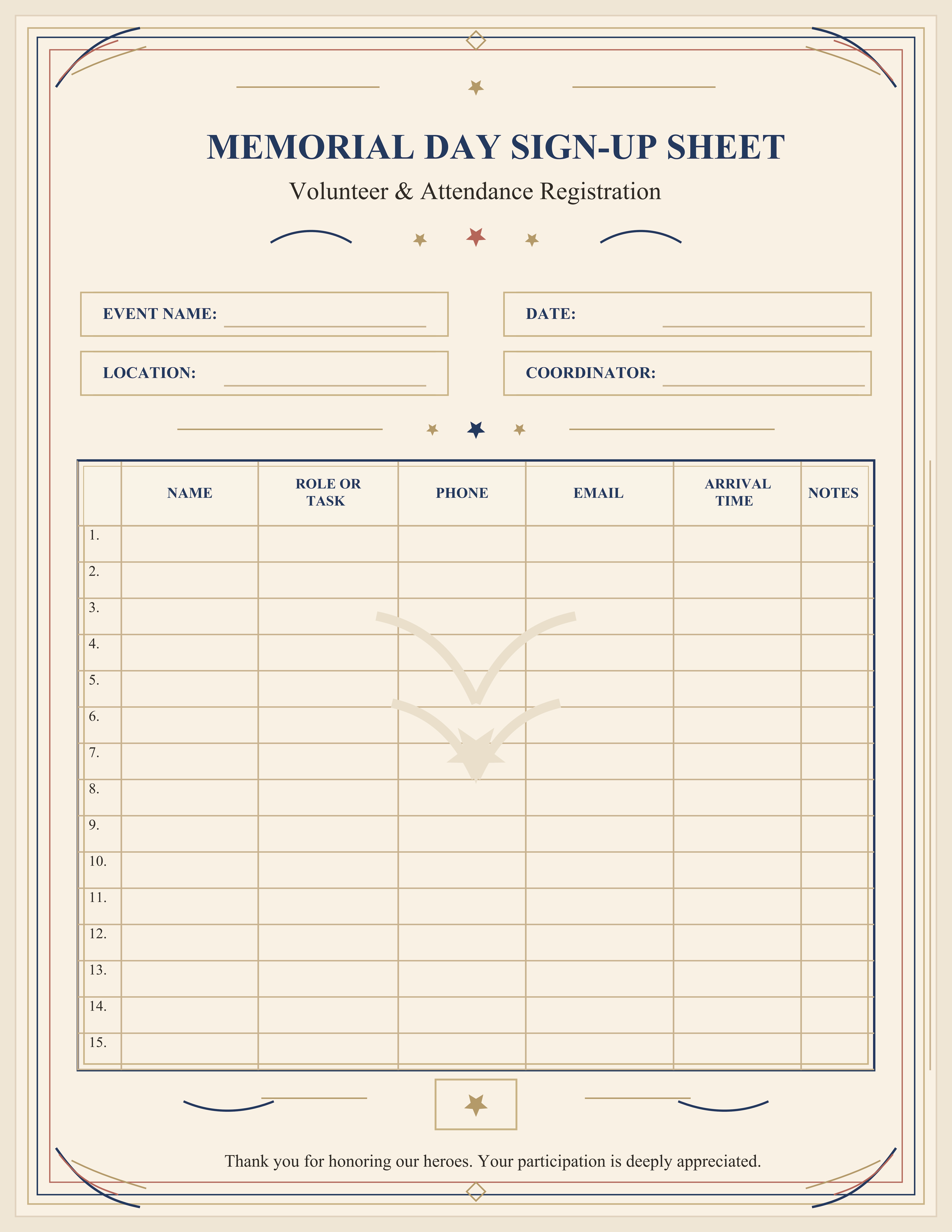 memorial day sign up sheet