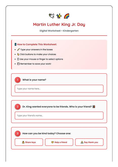 digital classroom mlk worksheet kindergarten