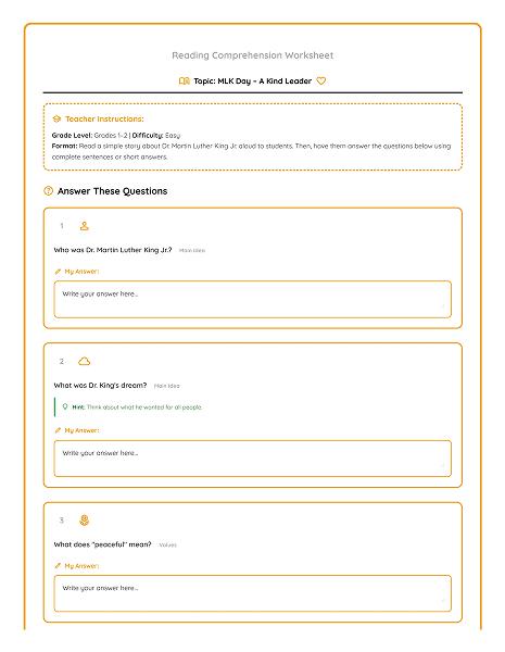 martin luther king reading comprehension grades 1-2