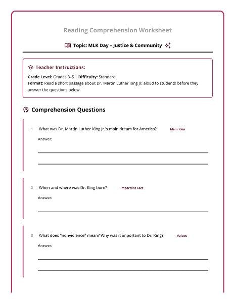 martin luther king reading comprehension grades 3-5