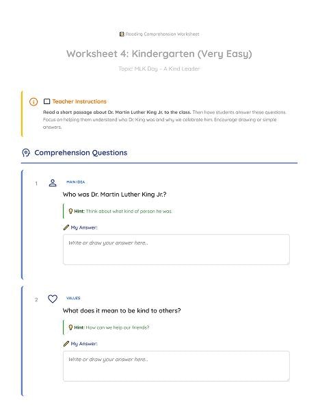 martin luther king reading comprehension kindergarten