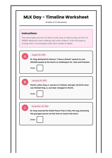 martin luther king timeline worksheet grades 3-5