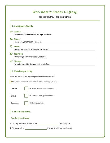 martin luther king vocabulary worksheet grades 1-2