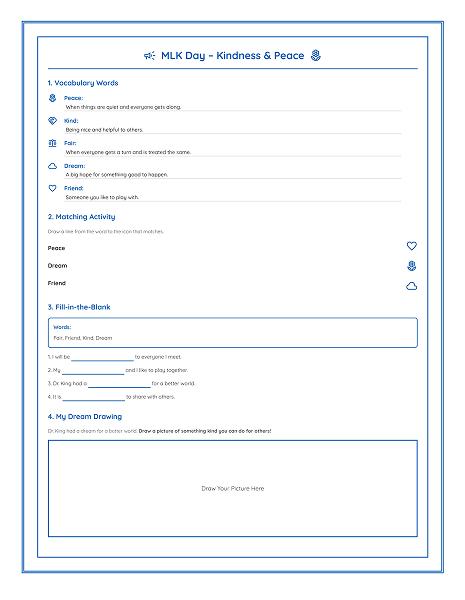 martin luther king vocabulary worksheet kindergarten