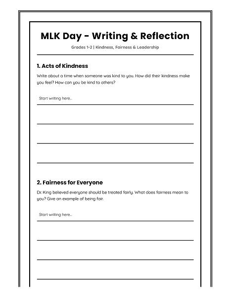 martin luther king writing worksheet grades 1-2